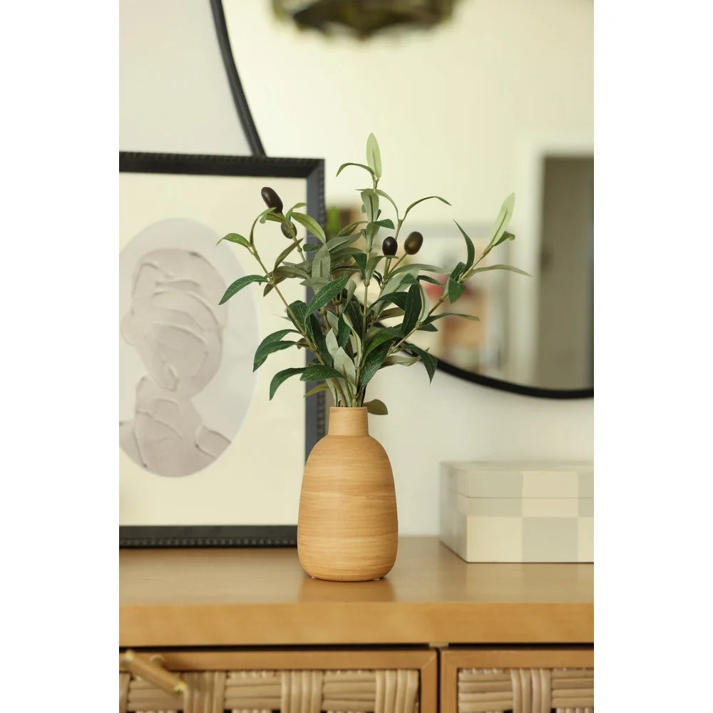 15 Inch Artificial Olive Potted Plant in Wood Finish Vase Home Office Decor Tabletop Accent Piece Realistic Foliage
