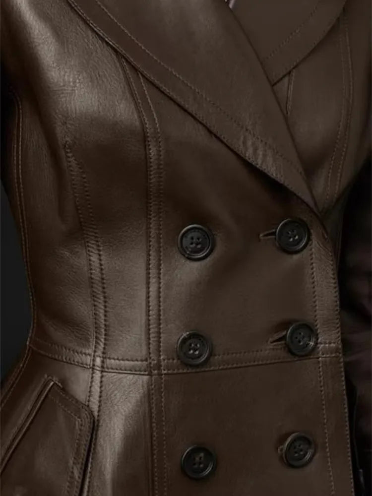 Mauroicardi Spring Fitted Black Skirted Soft Faux Leather Blazer Jacket Women Double Breasted Elegant Luxury  Designer Clothes
