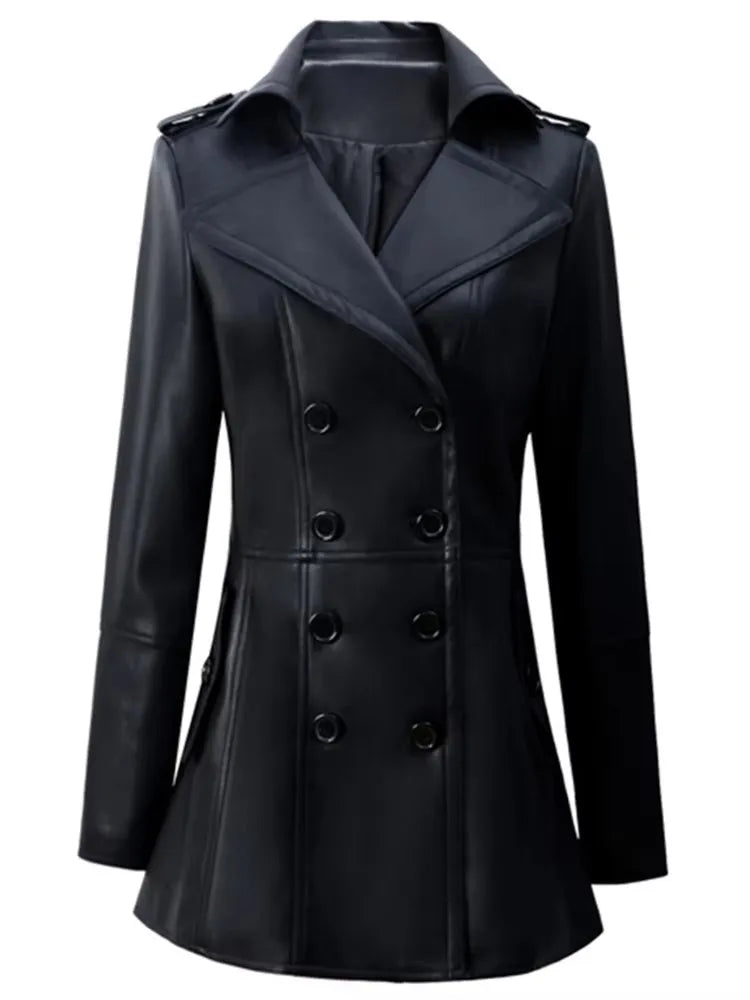 Mauroicardi Spring Fitted Black Skirted Soft Faux Leather Blazer Jacket Women Double Breasted Elegant Luxury  Designer Clothes