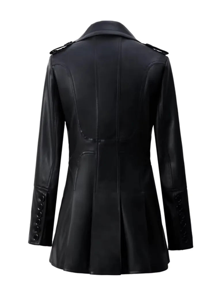 Mauroicardi Spring Fitted Black Skirted Soft Faux Leather Blazer Jacket Women Double Breasted Elegant Luxury  Designer Clothes