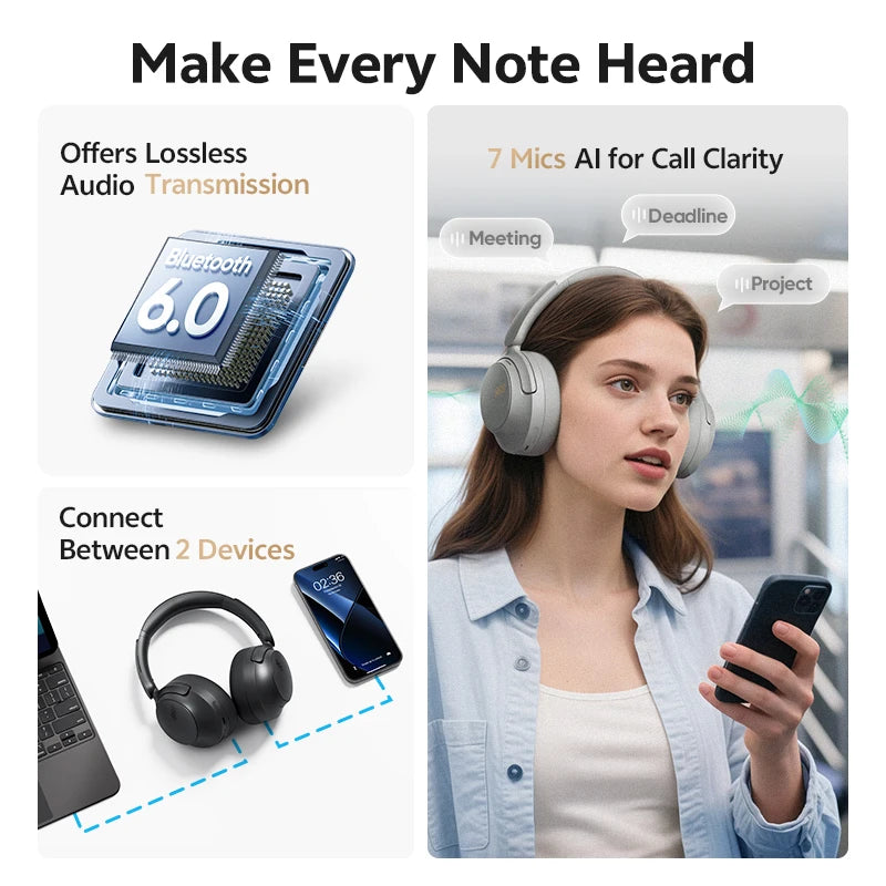 QCY H3S Over Ear Headphone Hi-Res LDAC Spatial Sound Headset H3S -56dB Adaptive ANC Wireless Earphone Bluetooth 6.0 102Hrs